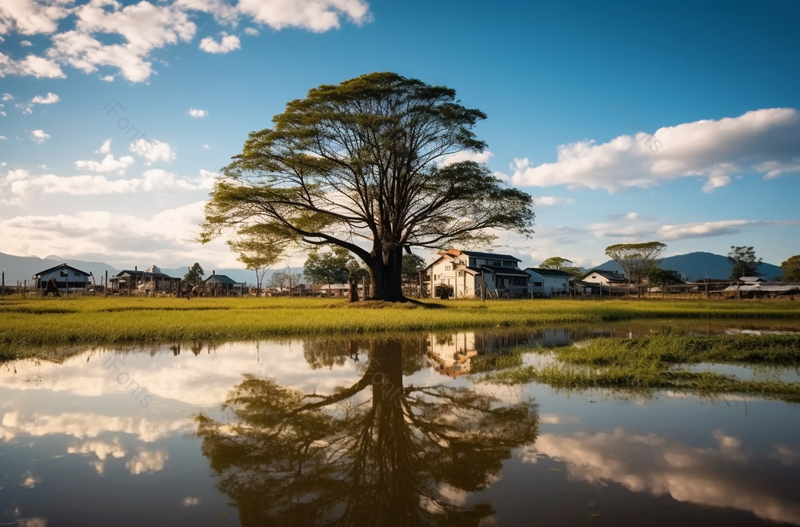 洱海夫妻树高大的树木蓝天白云倒映在平静的湖泊水面上自然环境图像摄影,高清,摄影图,摄影图片,图片大全,摄影图免费下载